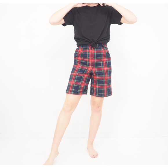 90s Vintage Plaid Wool Tartan Shorts High‎ Waisted Long Inseam Size 2/3 - Picture 1 of 8